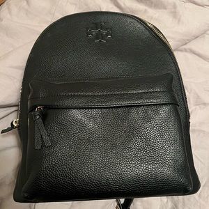 Tory Burch black pebbled leather large backpack.